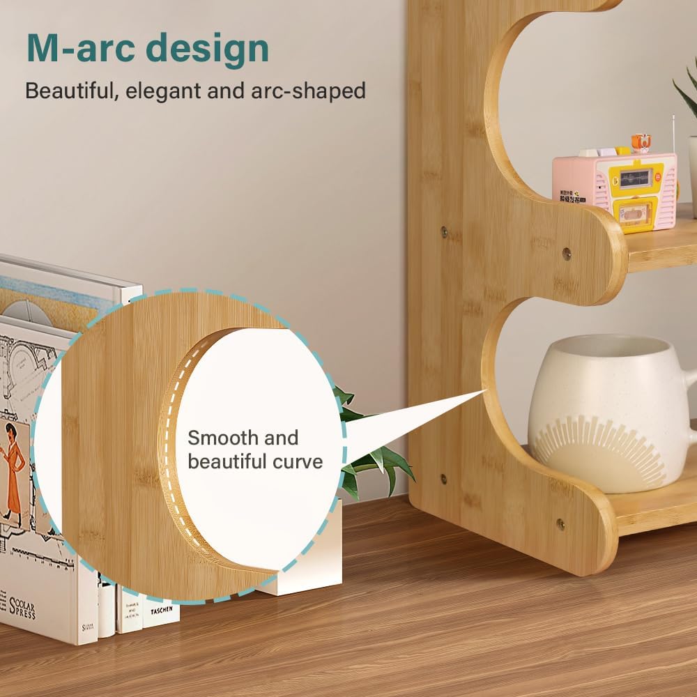 BFTOU Bamboo Desk Organizer Multifunctional 3 Tier Office Table Shelf Bookshelf Supplies Storage Rack for Kitchen Living Room