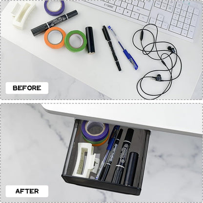 yuntop 1 Pcs Under Desk Drawer, Under Table Hidden Organizer, Plastic Self-adhesive Slide out Under Desk Storage Drawer for Office Dresser Home School Stationery Kitchen (Black)