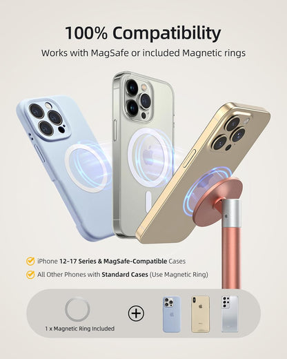 Nulaxy Magnetic Full Aluminum Cell Phone Stand for MagSafe with Metal Ring, 360 Rotating Phone Stand for Desk, Office Desk Accessories, Adjustable Phone Holder Compatible with All Phones, Gray