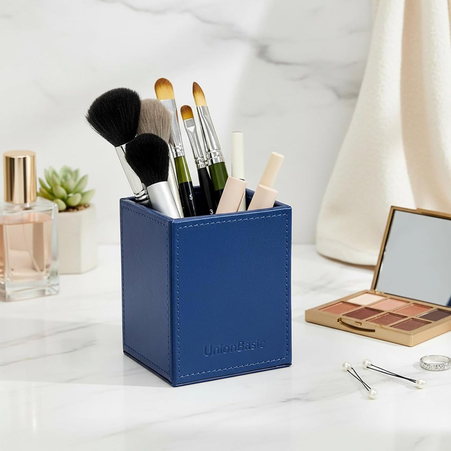 UnionBasic Square Pen Holder, Leather Pencil Cup, Desktop Caddy Stationery Organizer, Beige