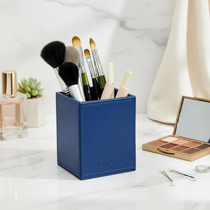 UnionBasic Square Pen Holder, Leather Pencil Cup, Desktop Caddy Stationery Organizer, Beige