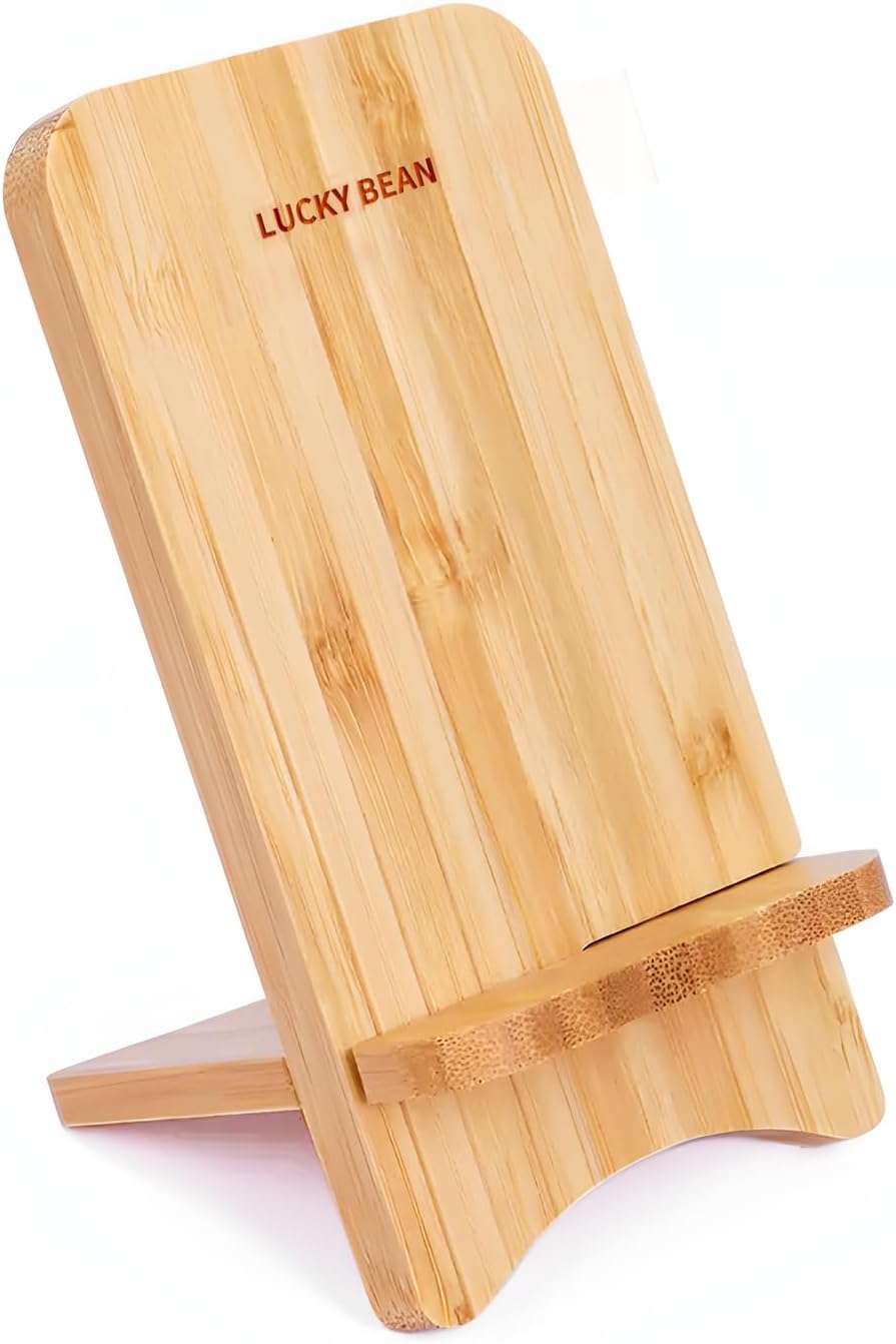 LUCKY BEAN Wood Phone Stand, Desktop Wooden Phone Holder, Portable Phone Stand for Desk, Compatible with iPhone & All Cell Phones (Walnut Wood)