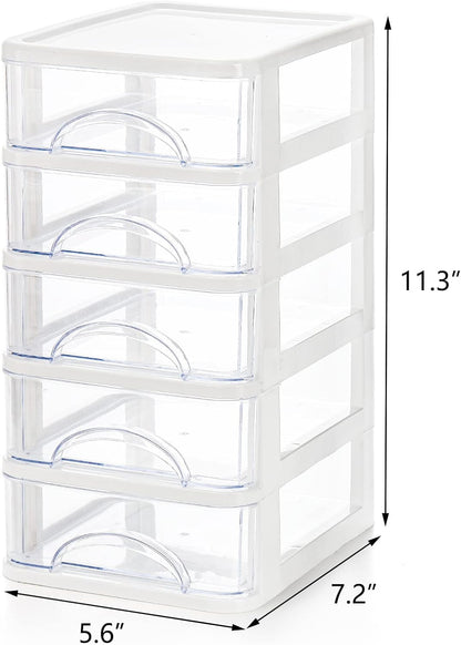 Hedume Desktop Drawer, Clear 5 Drawer Desktop Storage Unit, White Frame with Clear Drawers, Drawer Unit
