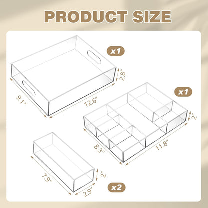 Briwooody 4 Pack Desk Drawer Organizer Set 3 Size Clear Acrylic Drawer Organizer Trays and Storage Dividers Office Accessories for Pen Makeup Silverware Office Bathroom