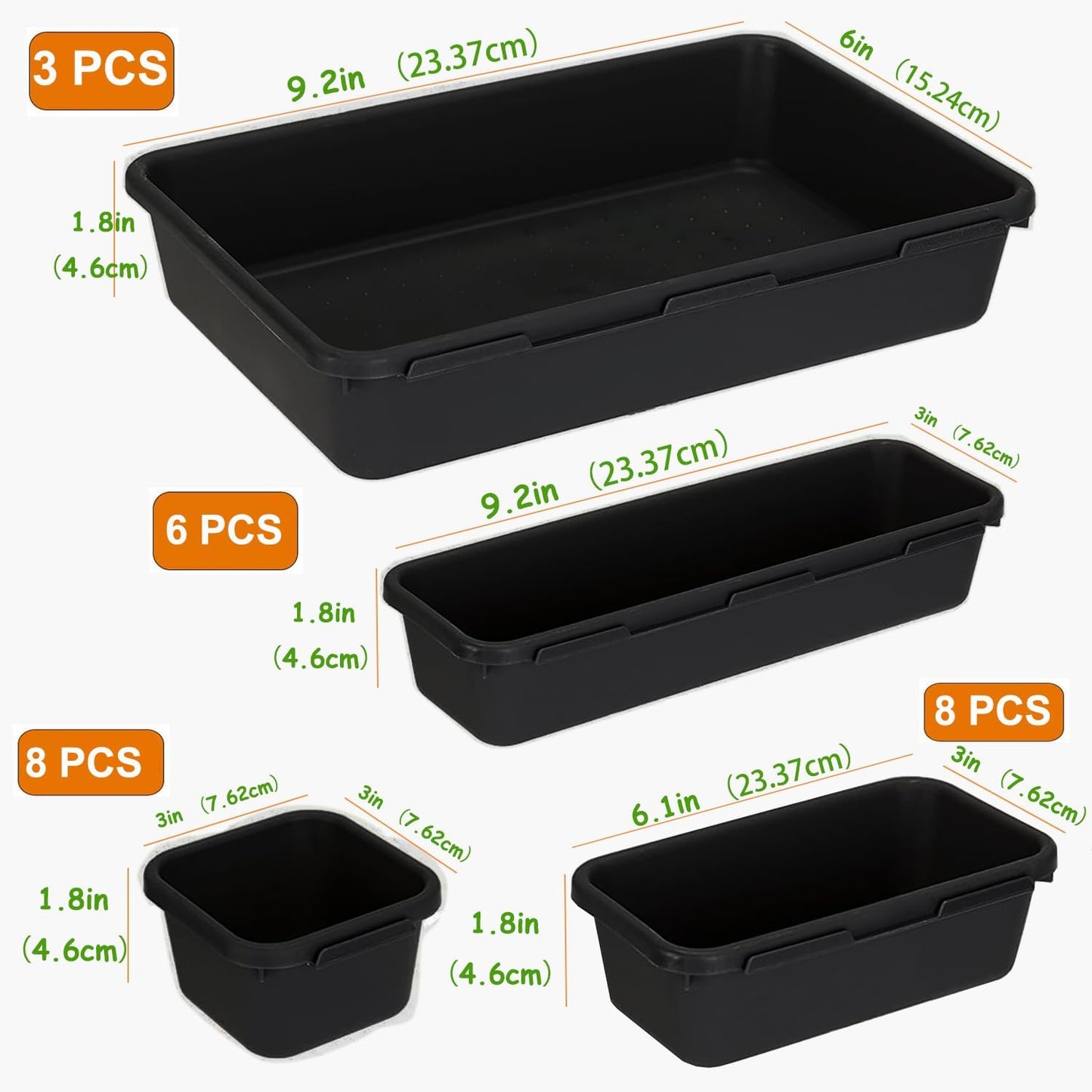Kutesna 25 PCS Black Drawer Organizer Set, 4 Size Interlocking Plastic Storage Bins for Office Supplies, Jewelry Makeup Vanity, Bathroom Kitchen, Home Organization Closet, Gadgets Small Items