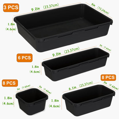 Kutesna 25 PCS Black Drawer Organizer Set, 4 Size Interlocking Plastic Storage Bins for Office Supplies, Jewelry Makeup Vanity, Bathroom Kitchen, Home Organization Closet, Gadgets Small Items