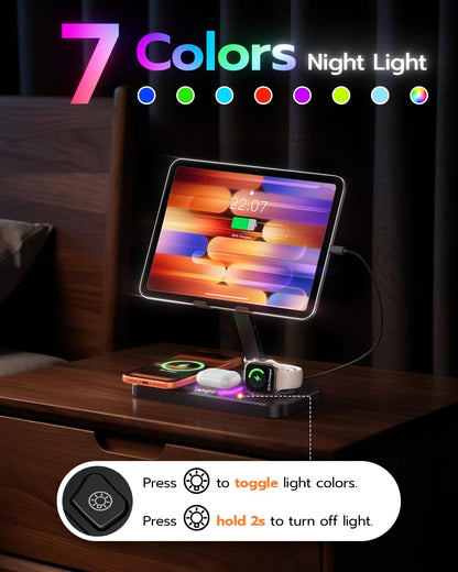 45W 6 in 1 Charging Station for Apple Multiple Devices with Clock & Light, 20W Fast Foldable Wired Charging Stand for iPad/Tab, Wireless Charger Design for MagSafe Charger for iPhone 17/iWatch/Airpods