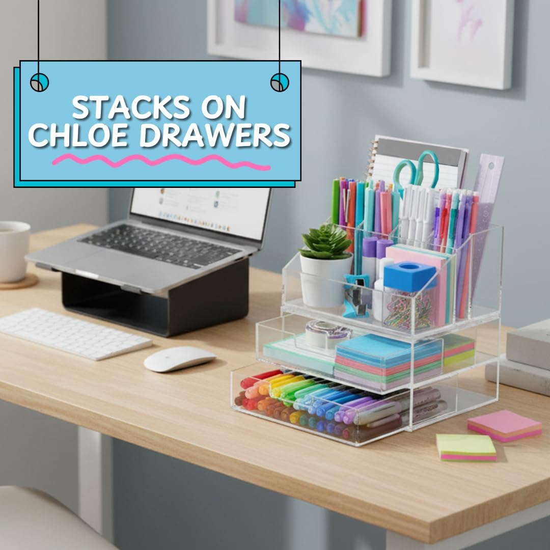 STORi Chloe Space-Saving Clear Drawer Organizer (4 Wide Drawers) Sort Office, Kitchen, Beauty Supplies, Makeup, Pens, Jewelry, Stationary, Made in USA