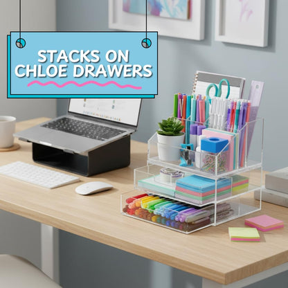 STORi Chloe Space-Saving Clear Drawer Organizer (4 Wide Drawers) Sort Office, Kitchen, Beauty Supplies, Makeup, Pens, Jewelry, Stationary, Made in USA