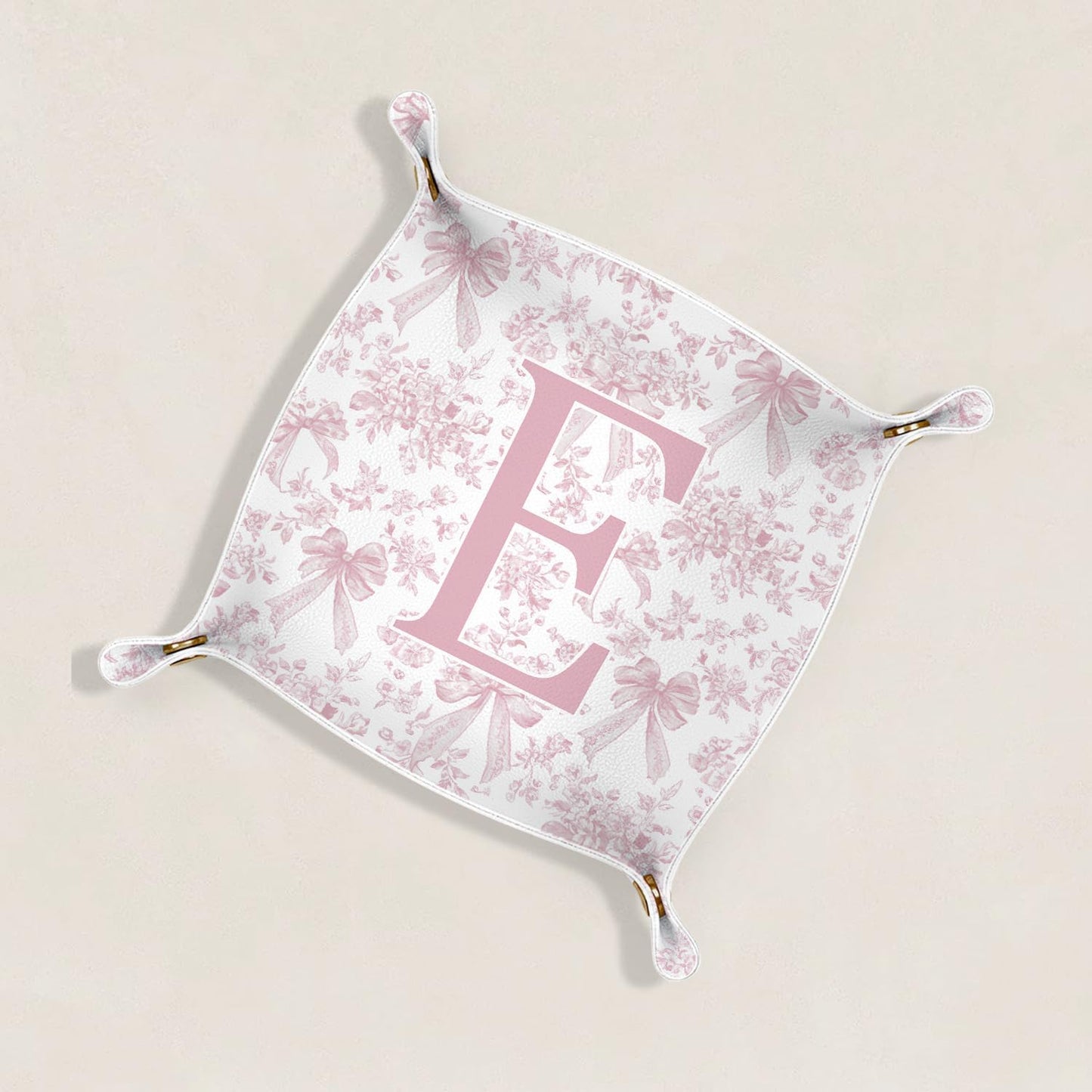 Gifts for Mom Initial Valet Tray,Pink Personalized Gifts for Women Mom Grandma Girlfriend,Nightstand Desk Accessories PU Leather Tray Organizer for Birthday Christmas Gift Ideas (B)