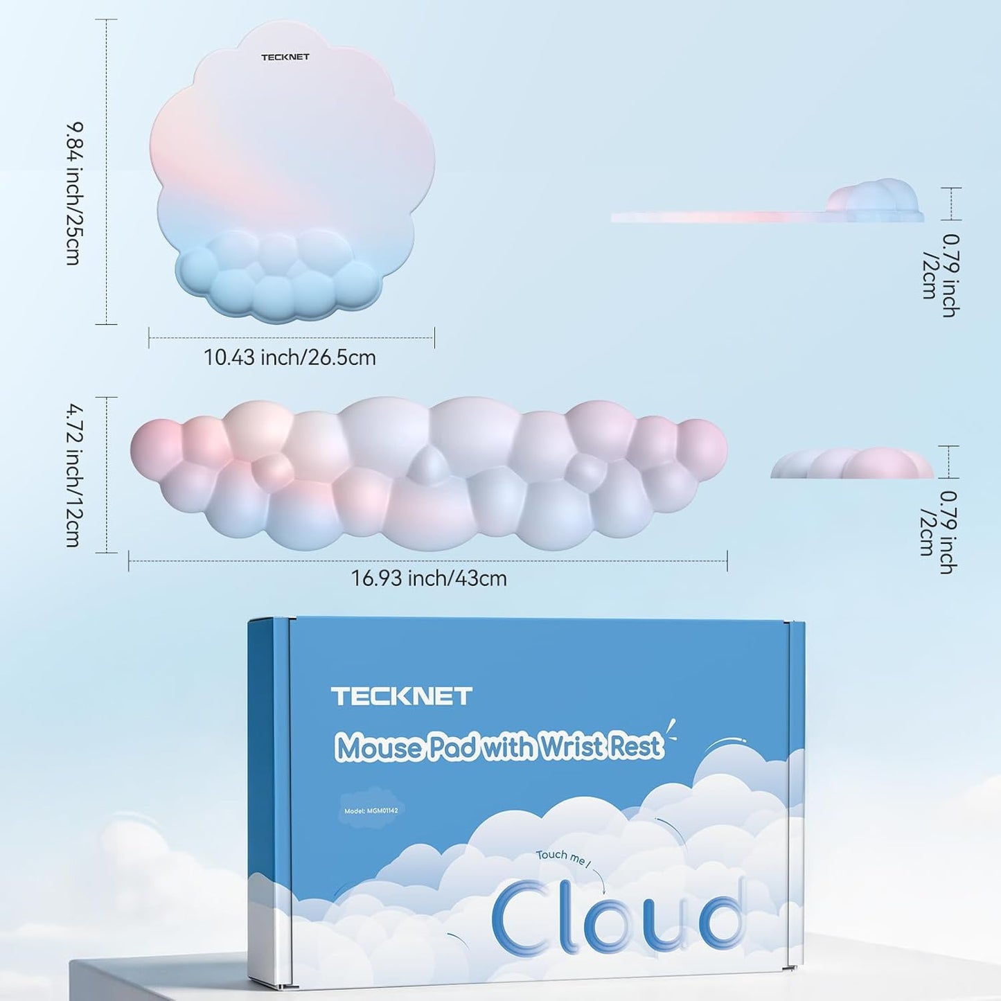 TECKNET Cloud Mouse Pad with Wrist Rest, Ergonomic Cloud Wrist Rest with Non-Slip Base, PU Leather Memory Foam Mouse Pad Wrist Support for Keyboard and Mouse, Pain Relief for Typing, Gaming, White