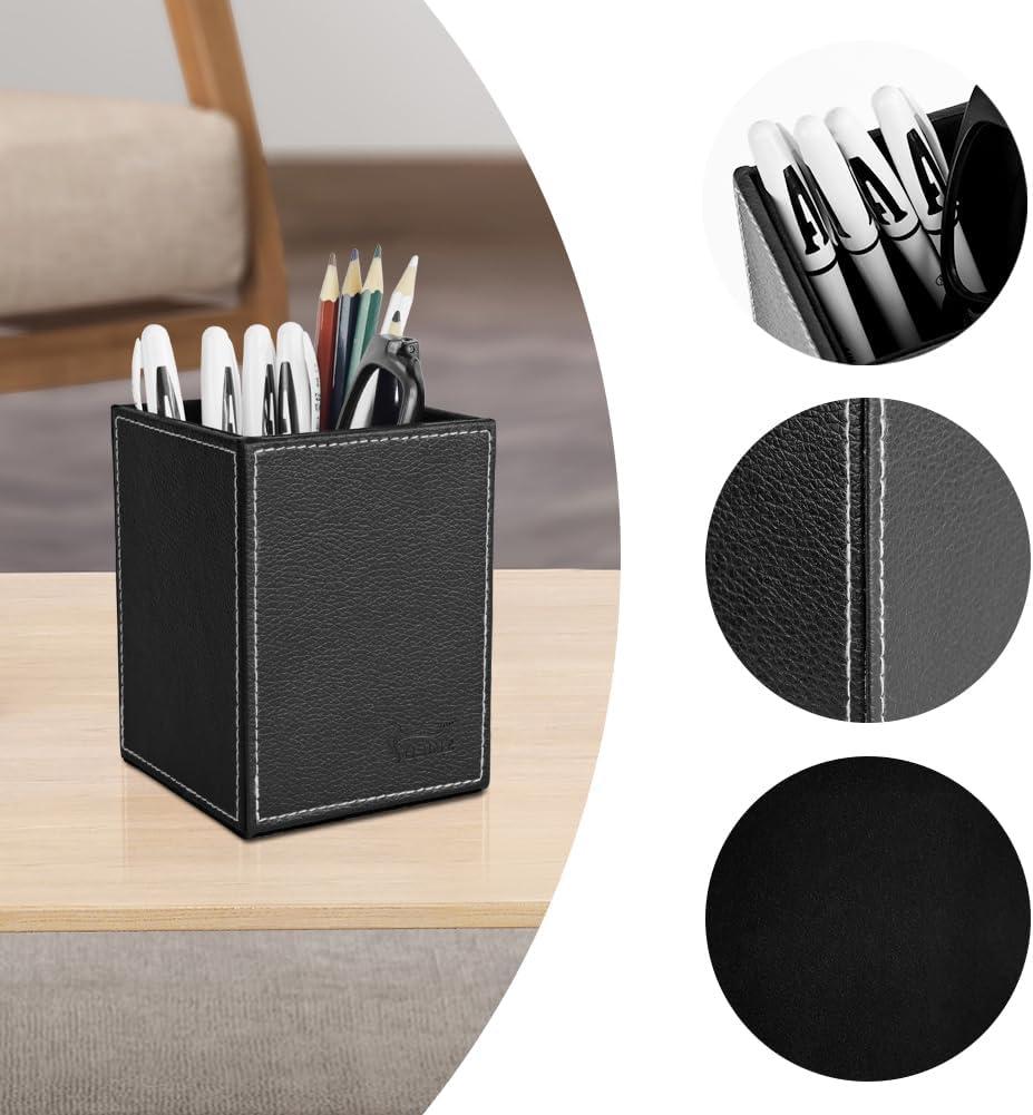 Leather Pen Holder, Brown Pencil Holder, Desktop Elegant Pen Holder for Desk, Stationery Organizer for School Office Home Dorm (3.3" x 3.3" x 4", Brown)