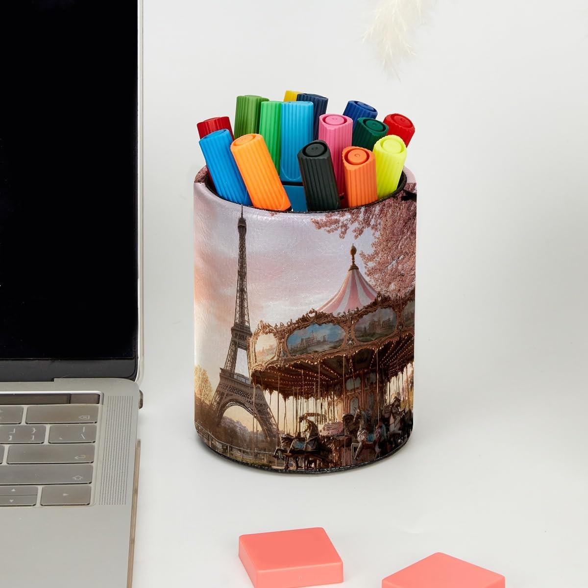 Leather Pen Holder for Desk, Love Cherry Pencil Organizer Pencil Cup Desk Decor Makeup Brush Holder Multifunctional Office Supplies for Home,Office, School