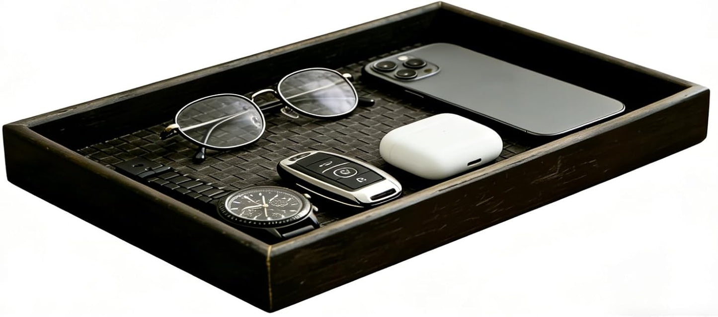 Dark Walnut Finish Wooden Valet Tray with Black Woven Faux Leather Base, MDF Construction, Nightstand Catchall Organizer Desk Tray for Men, Keys, Wallet, Watch & Accessories