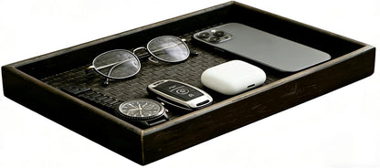 Dark Walnut Finish Wooden Valet Tray with Black Woven Faux Leather Base, MDF Construction, Nightstand Catchall Organizer Desk Tray for Men, Keys, Wallet, Watch & Accessories