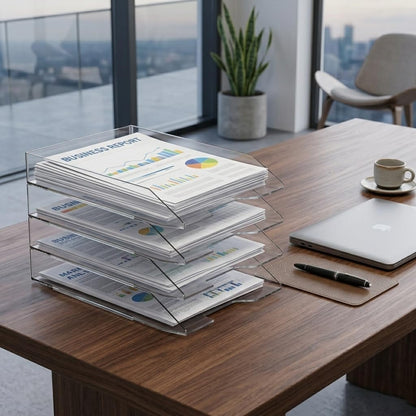 Acrimet 4 Tier Paper Organizer Letter Tray - Plastic Stackable Desk File Organizer, Front Load Paper Sorter Organizer for Letter/A4 Office File Folder Holder - Clear Crystal