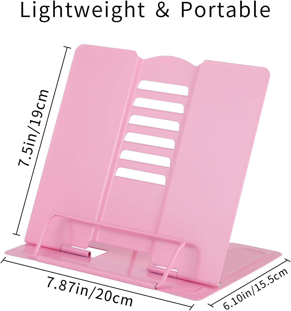 Blizzow Desk Book Stand Holder - Hands Free, Adjustable Metal Stand, Foldable Portable Bookstand - Cookbook, Recipe, Tablet, Music, Documents (Pink)