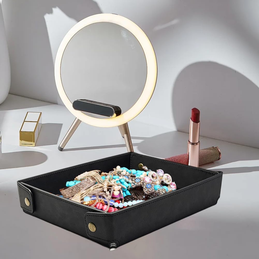 Portable PU Leather Valet Tray for Travel Foldable Leather Jewelry Storage Case Catchall Dish Plate Necklace Black Pendant Organizer Holder Container for Men Women Desk Bedside Drawers