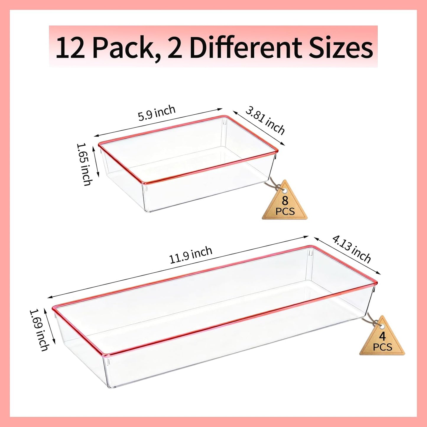 4 Pack Large Size Clear Stackable Drawer Organizer Trays, Gold Rim Makeup Drawer Storage Tray Divider, Desk Storage for Makeup, Jewelry, Bathroom, Stationary, Kitchen Utensils and Office Desk