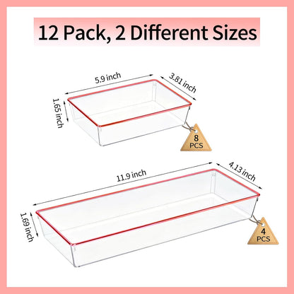 4 Pack Large Size Clear Stackable Drawer Organizer Trays, Gold Rim Makeup Drawer Storage Tray Divider, Desk Storage for Makeup, Jewelry, Bathroom, Stationary, Kitchen Utensils and Office Desk