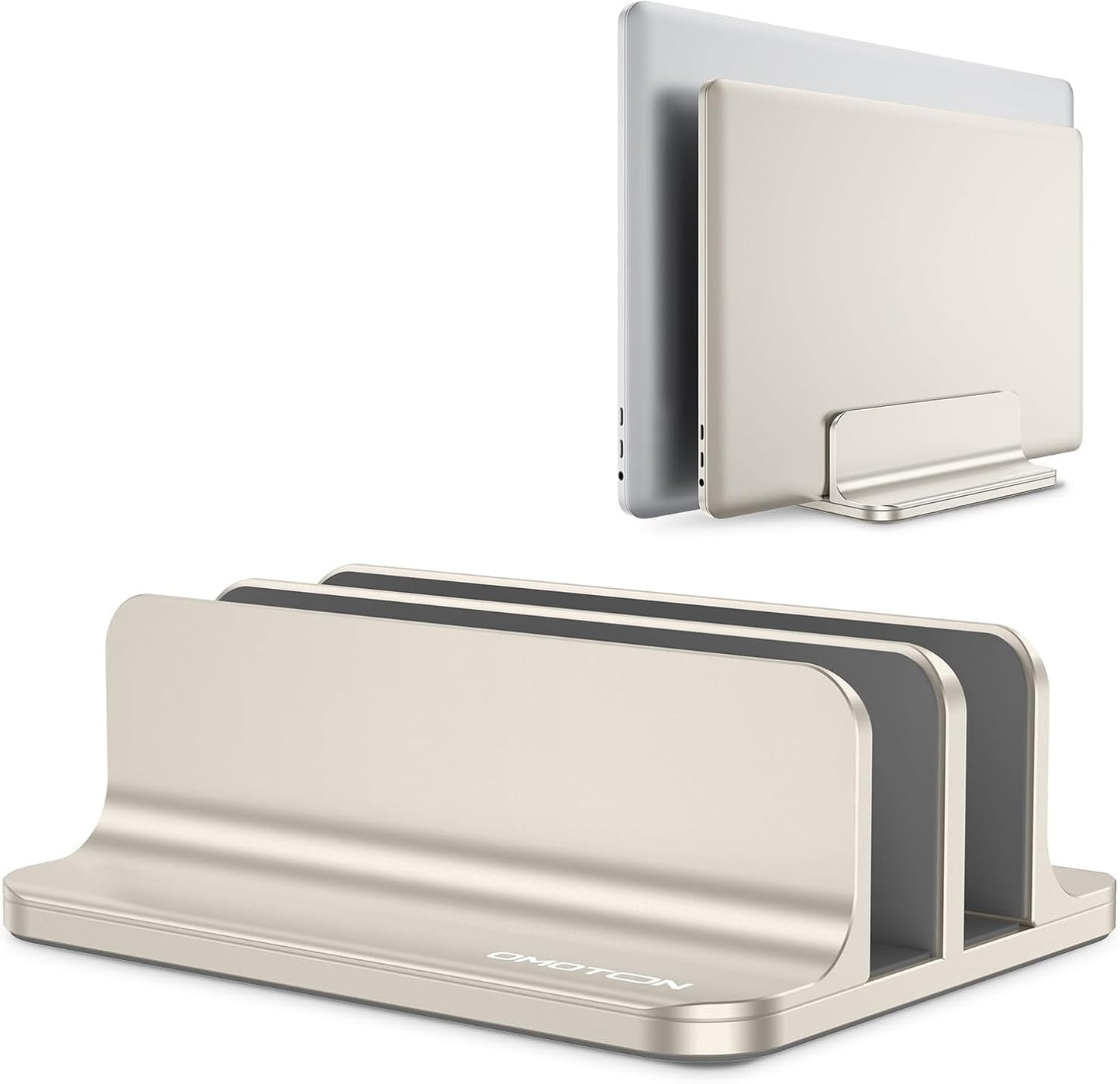 OMOTON Vertical Laptop Stand [Updated 3-Slots Version], Desktop Aluminum Mac Book Stand with Adjustable Dock Size, Fits All Mac Book, Chrome Book and Gaming Laptops (Up to 17.3 inch), Starlight