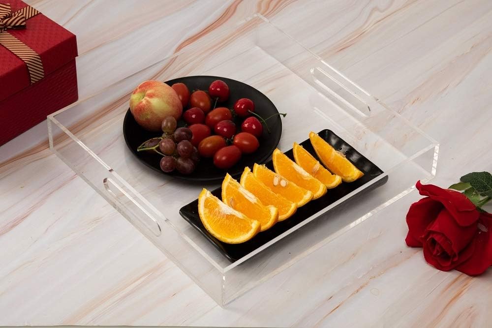 KEVLANG Clear Sturdy Acrylic Serving Tray with Handles-12x16Inch-Serving Coffee,Appetizer,Breakfast,Butler-Kitchen Countertop -Makeup Drawer Organizer-Vanity Table -Ottoman