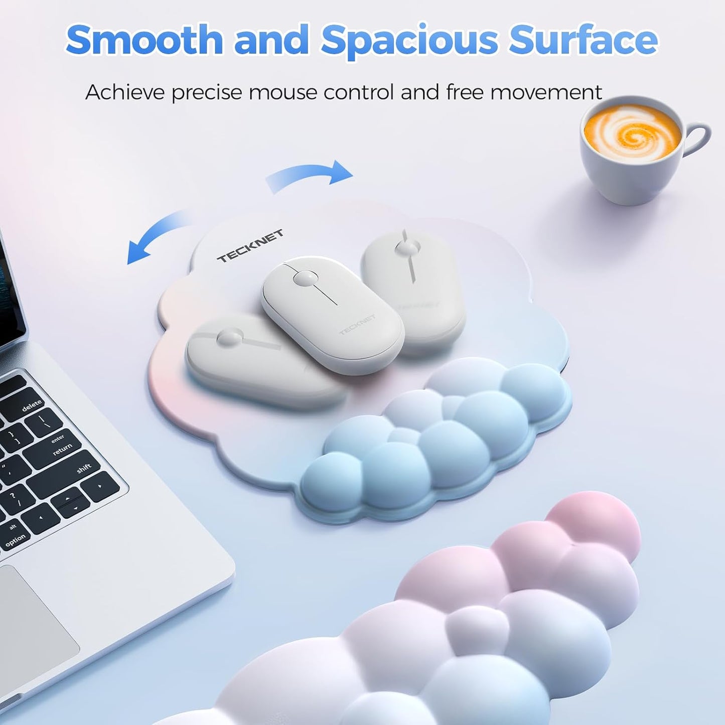 TECKNET Cloud Mouse Pad with Wrist Rest, Ergonomic Cloud Wrist Rest with Non-Slip Base, PU Leather Memory Foam Mouse Pad Wrist Support for Keyboard and Mouse, Pain Relief for Typing, Gaming, White