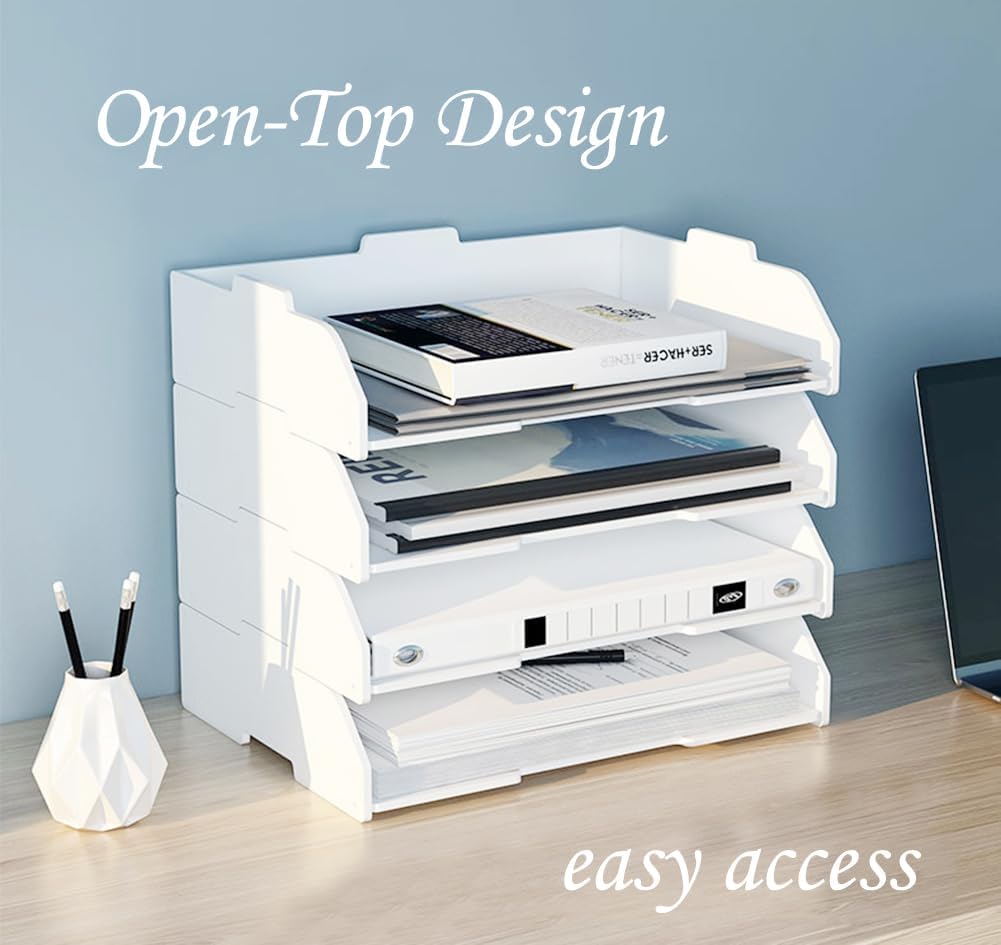 2/4/6 Tier Paper Organizer Letter Tray, Clear Acrylic Layer Stackable Paper Sorter, Plastic A4 Office File Folder Holder for for Desk Accessories, Notes, Pens, File, Document (Clear, 4 Tier)