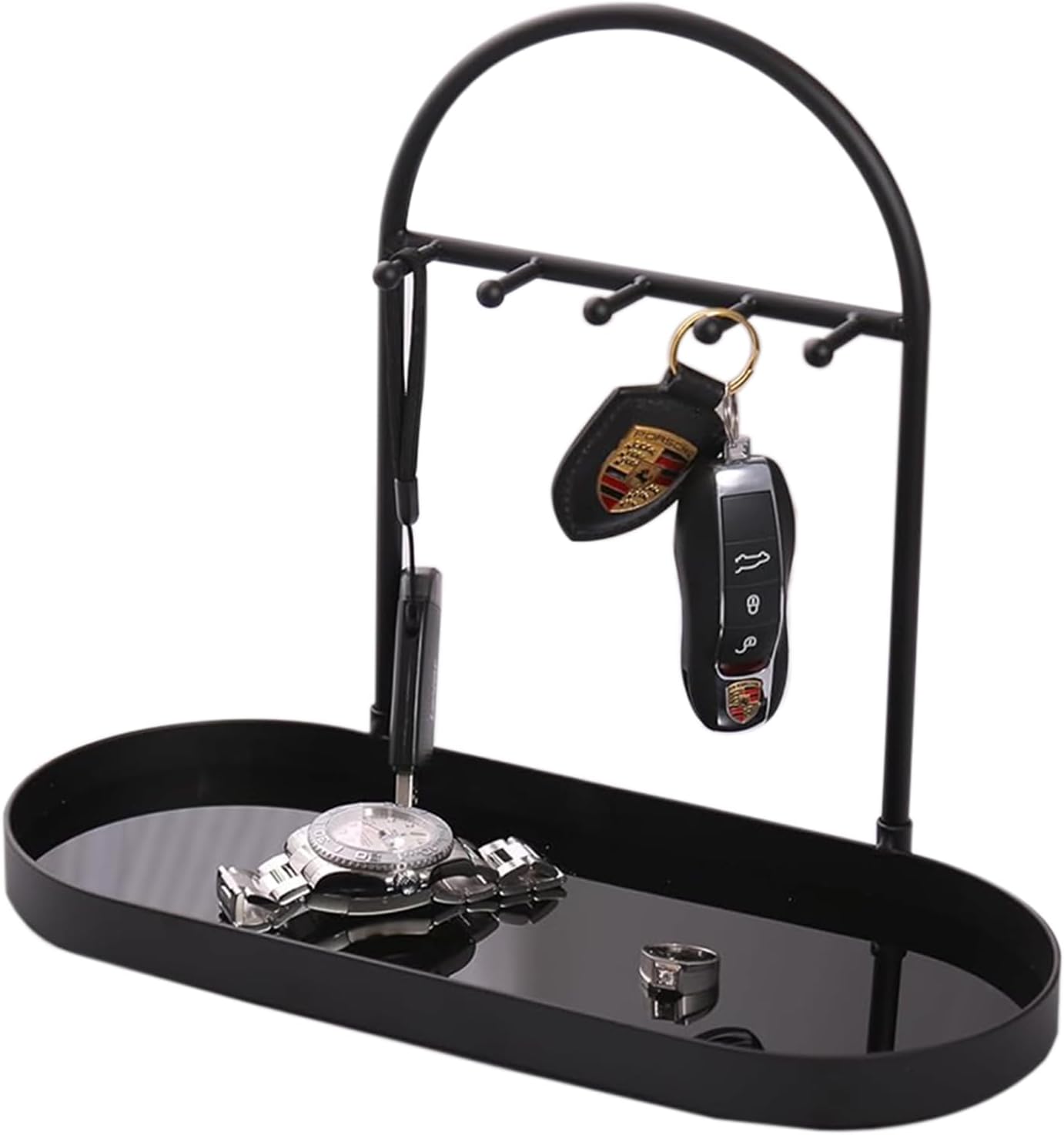 Shinpuru Metal Jewelry Organizer Stand & Key Holder Tray with Acrylic Base, Key Stand and Jewelry Tray with 5 Hooks, Perfect Key Bowl, Valet Key Tray, Ring Holder, Jewelry Dish (Silver Black)