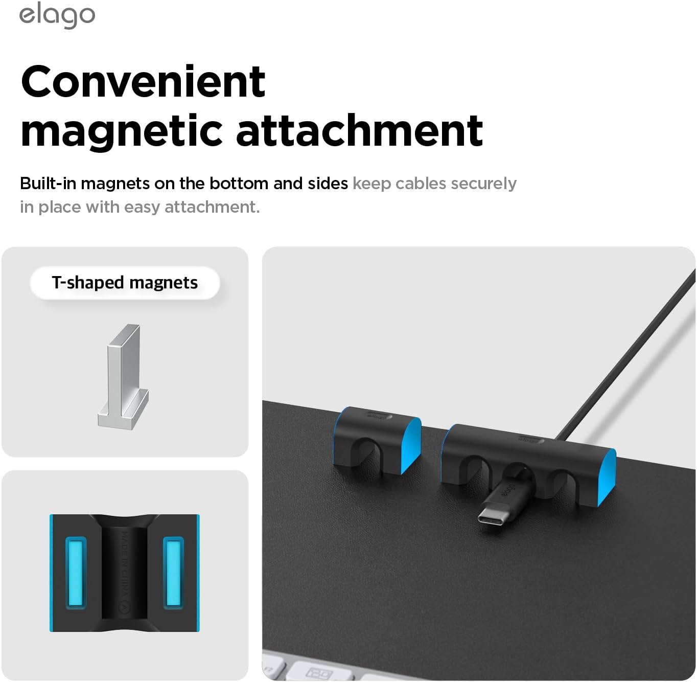 elago Magnetic Cable Management Organize 4 Cables, Powerful Magnets, Wire Holder Keeper Organizer Phone Home Office Desk Compatible with Magnetic Pad (1 Slot +3 Slot Set)[Stone]