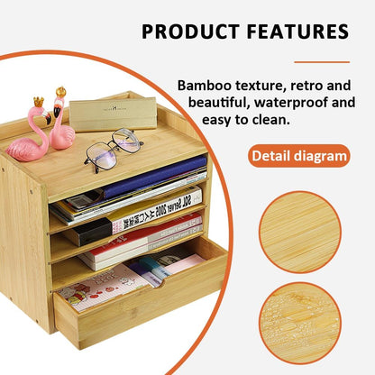 KKTONER 5-Tier Bamboo Desk Organizer with Drawer Tabletop File Organizer Document Holder with Shelf Desktop Cabinet for Home Office School Supplies (Natural)