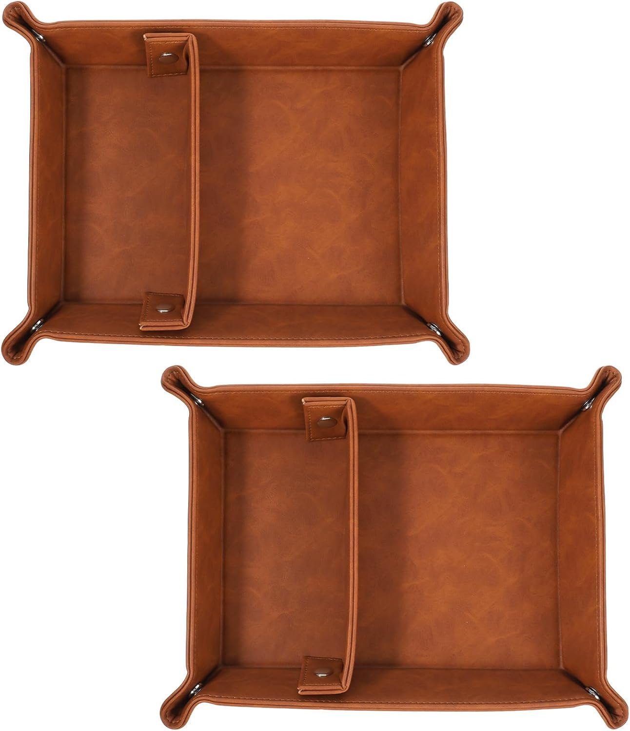 Vintage Valet Tray Set of 2, Foldable PU Leather Catchall Organizer with Removable Dividers for Desktop, Nightstand, Dresser - Dark Brown, 11.2"x8.4"x1.8"