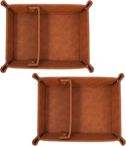Vintage Valet Tray Set of 2, Foldable PU Leather Catchall Organizer with Removable Dividers for Desktop, Nightstand, Dresser - Dark Brown, 11.2"x8.4"x1.8"