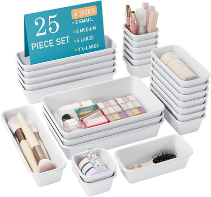 Kutesna 25 PCS Black Drawer Organizer Set, 4 Size Interlocking Plastic Storage Bins for Office Supplies, Jewelry Makeup Vanity, Bathroom Kitchen, Home Organization Closet, Gadgets Small Items