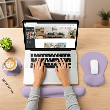 RICHEN Wrist Rest Support for Mouse Pad&Keyboard Set with Coaster,Concave Curved Memory Foam, Non-Slip Base Pain Relief Comfortable Easy Typing Pad for Home/Office (Lavender Purple)