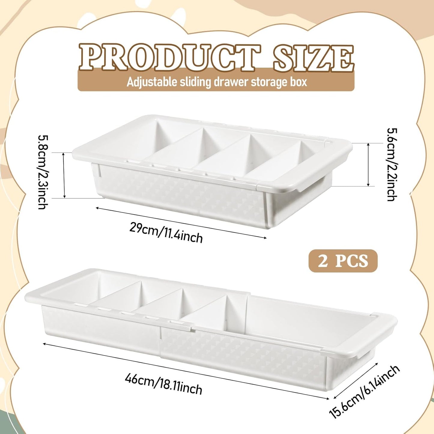 2Pcs Expandable Sliding Drawer Tray with Adjustable Dividers, White Plastic Deep Desk Drawer Dividers Organizers Expandable 11.4 to 18.1 Inches For Utensils Office Bathroom Bedroom Kitchen