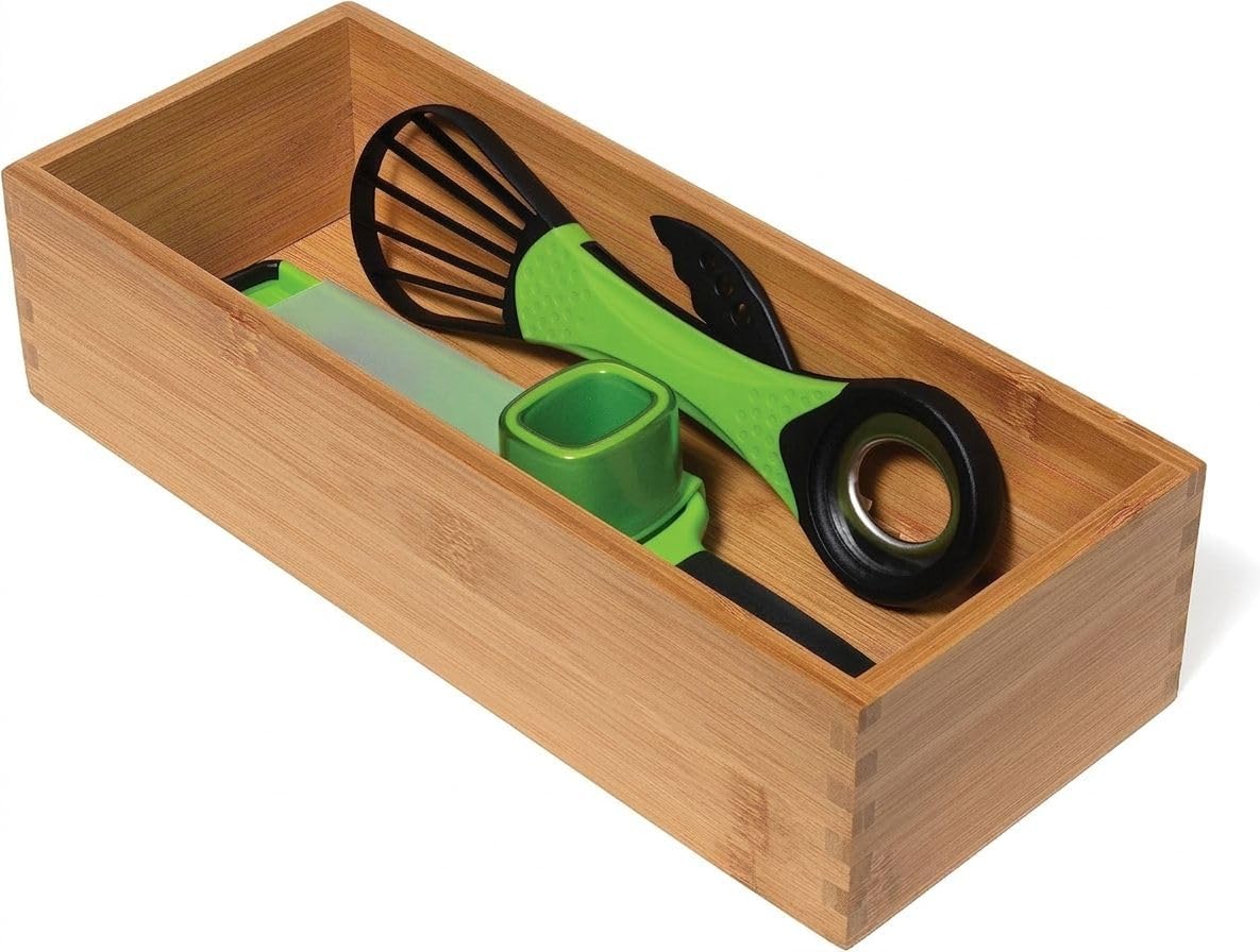 Lipper International Bamboo Wood Utensil Holder Storage Box for Cooking Tools, Makeup, or Office Supplies, 4" x 9 1/4" x 3"