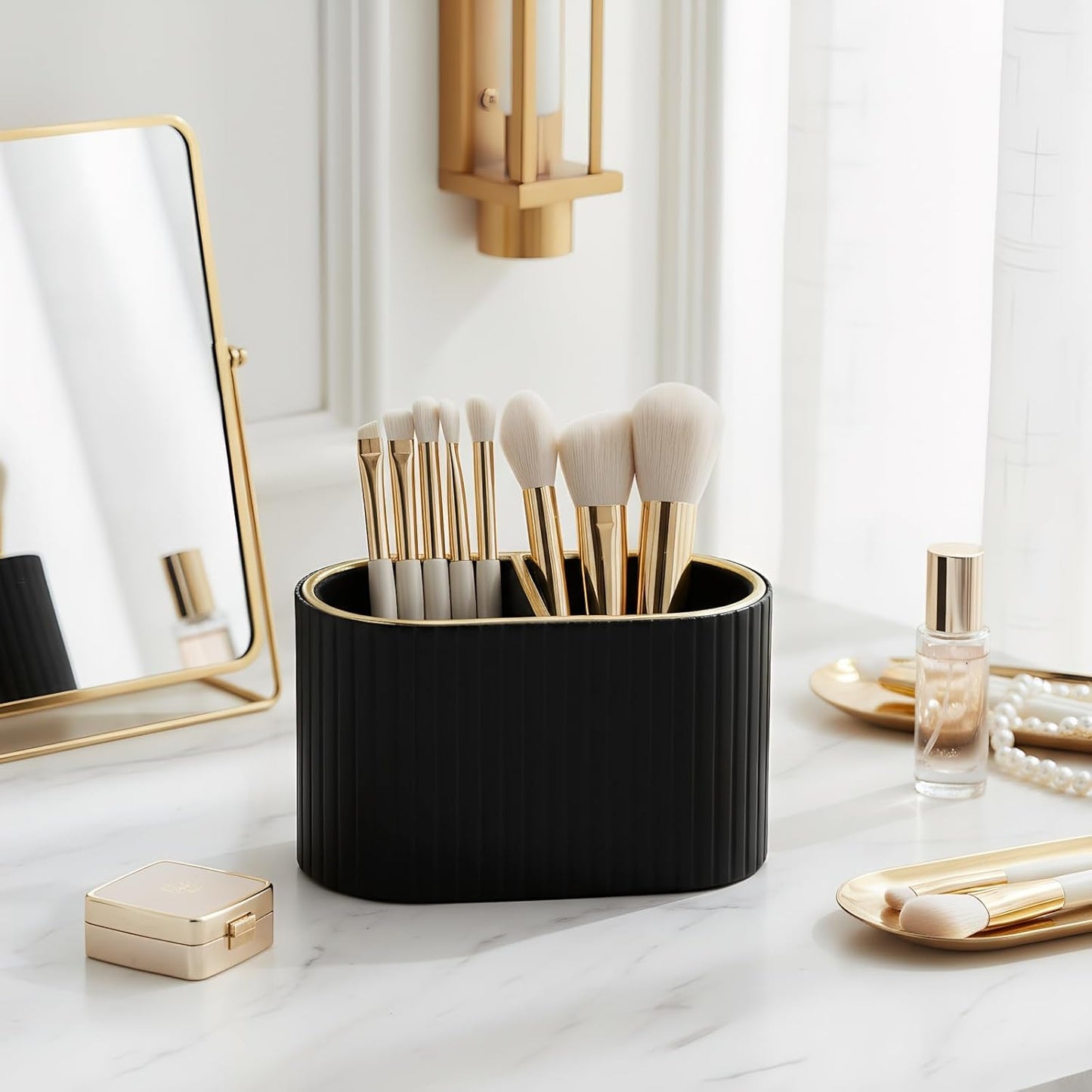 KINGFOM PU Leather Desk Organizer Pen Holder – Dual-Compartment Stylish Pencil Cup Remote Control Holder Desktop Supplies and Accessories Organizer Caddy for Office Home School (Light Beige)