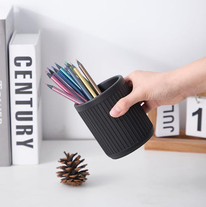 Aotea Crafts - Concrete Modern Industrial Pen Holder for Desk - Aesthetic Minimalist Charcoal Black Pencil Holder for Desk- Handcrafted Cement Fluted Pen Cup Organizer - Sealed & Durable