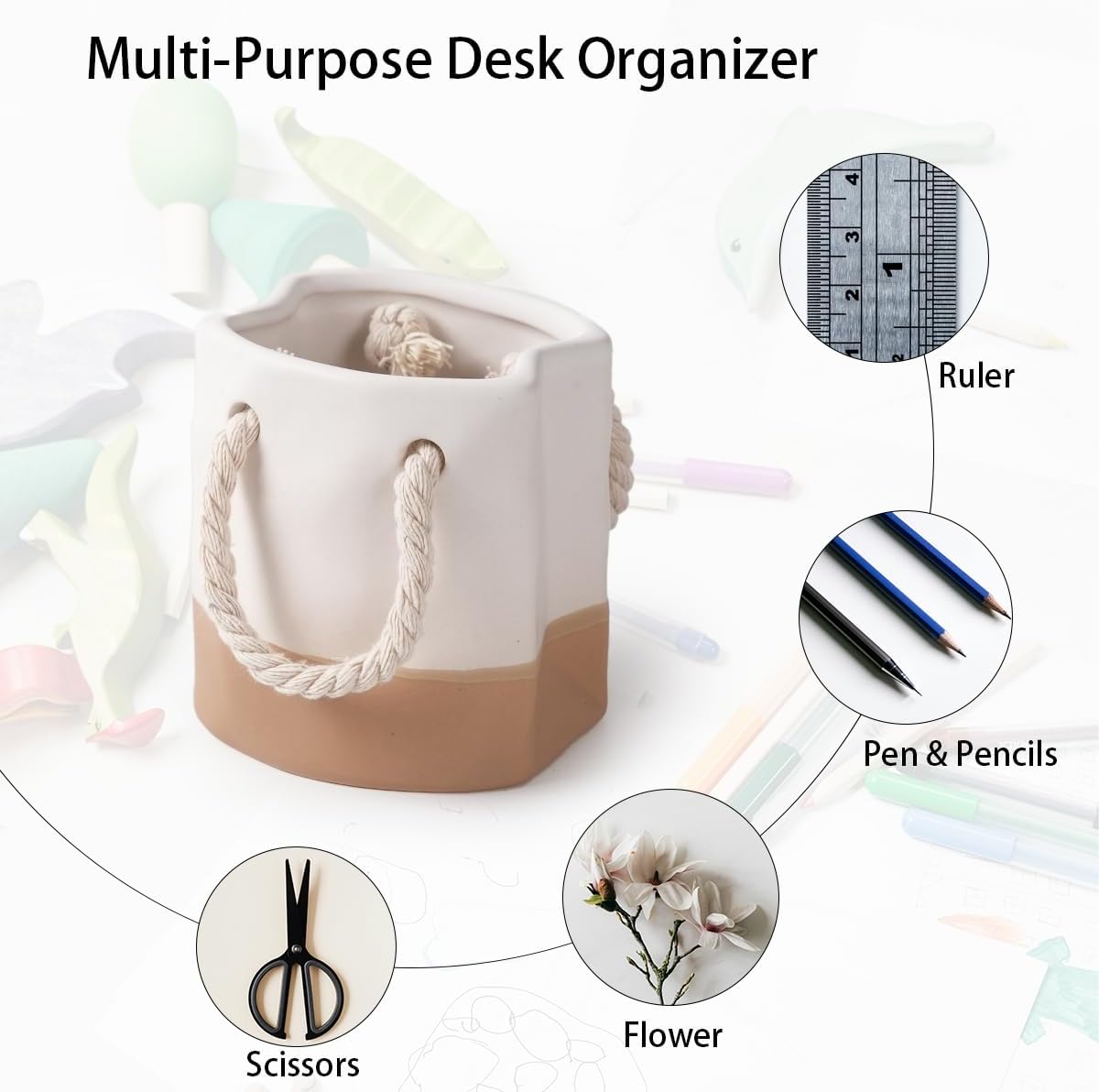 Ceramic Pen Holder, Cute Pen Holder for Desk, Pencil Holder Stand Makeup Brush Holder for School, Home, Office Desk(White Sepia)