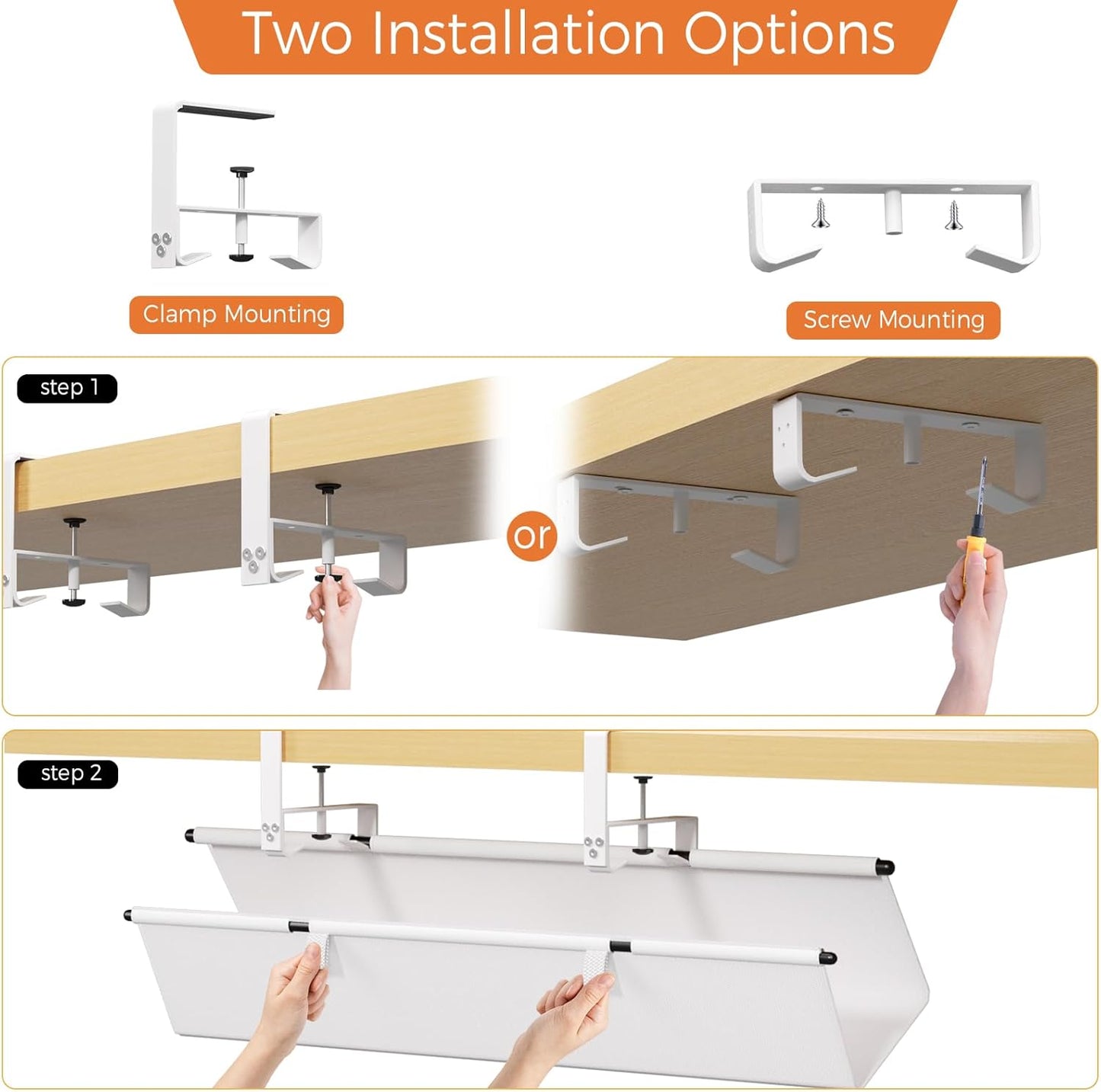 Under Desk Cable Management Tray - 36" Cord Organizer for Desk No Drill, Fabric Under Table Wire Organizer with 16X Cable Ties Hide for Office/Home, Cord Hider Fits Adapters & Sockets, White