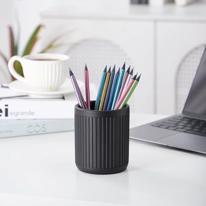 Aotea Crafts - Concrete Modern Industrial Pen Holder for Desk - Aesthetic Minimalist Charcoal Black Pencil Holder for Desk- Handcrafted Cement Fluted Pen Cup Organizer - Sealed & Durable