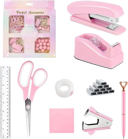 suniya Office Supplies,Gold Desk Accessories,with Stapler,Tape Dispenser,Pen Holder,Scissors,Phone Stand,Staple Remover,Ballpoint Pen,Clear Tape, Staples,Ruler,Clips,Best Gift for Business or Boss