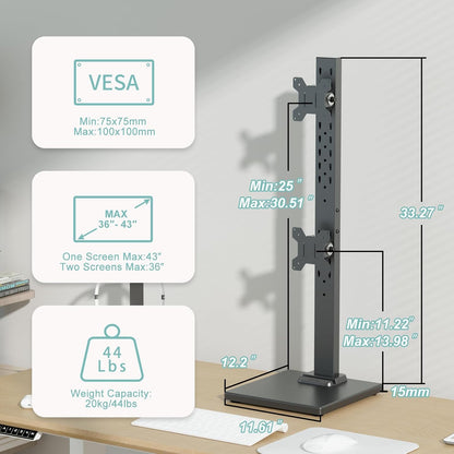 Suptek Single LCD Computer Monitor Free-Standing Desk Stand Mount Riser for 13 Inch to 43 Inch Screen with Swivel, Height Adjustable, Rotation, 50, 75, 100mm VESA Base Stand, Black