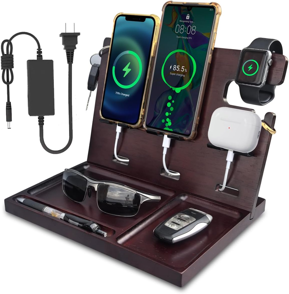 Nightstand Organizer with Drawer Built in 4 USB Charger, Wood Phone Docking Station with Dual Phone Charging Station for Apple Android Phones Anniversary Birthday Gifts for Men Dad Hunsband Mom