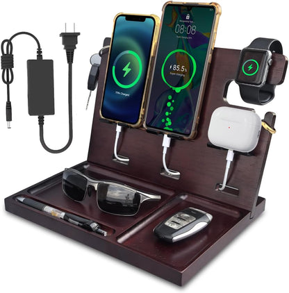 Nightstand Organizer with Drawer Built in 4 USB Charger, Wood Phone Docking Station with Dual Phone Charging Station for Apple Android Phones Anniversary Birthday Gifts for Men Dad Hunsband Mom