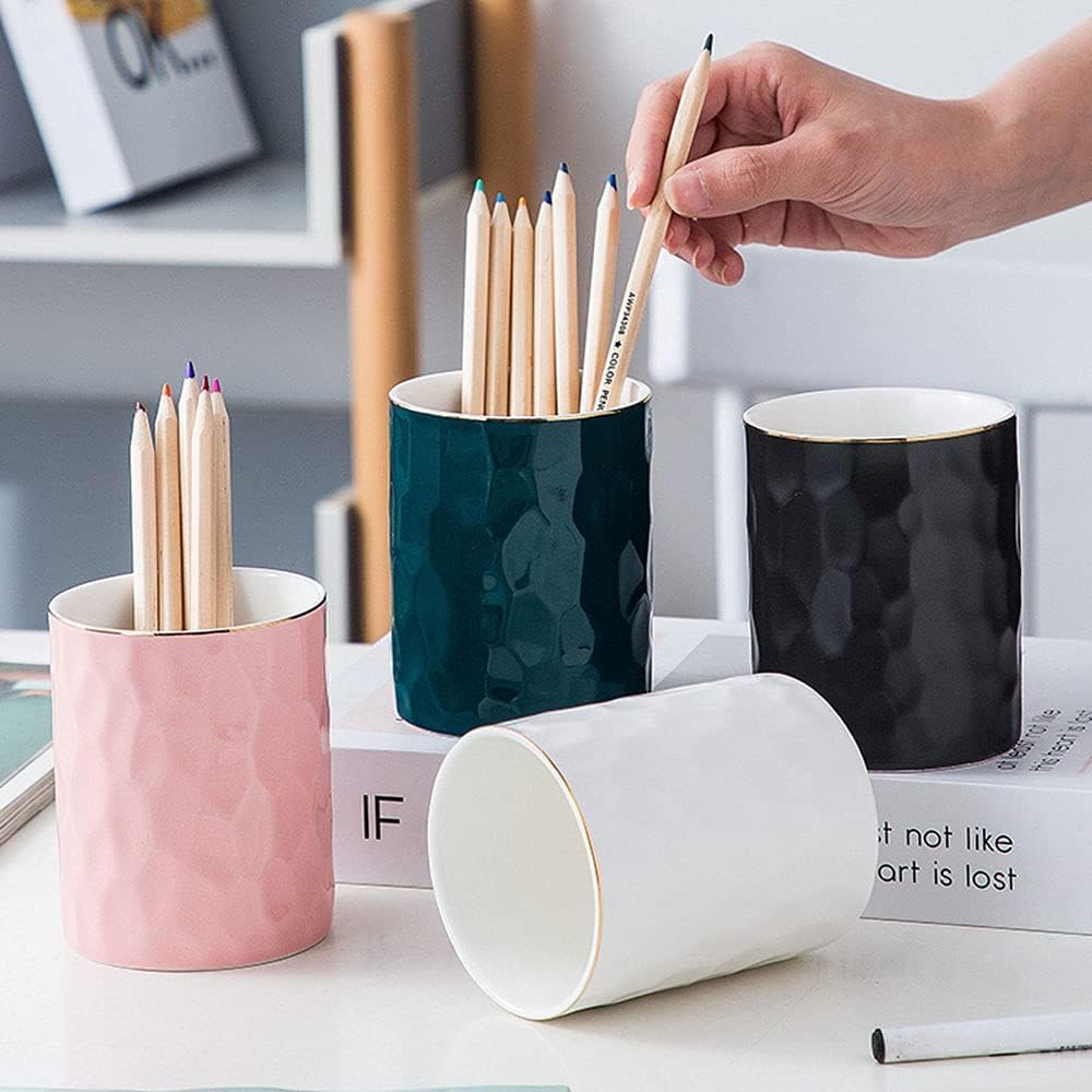 HANKOR Ceramic Pen Holder Cup Pencil Holder for Desk, Makeup Brush Holder Organizer for Office Home, White