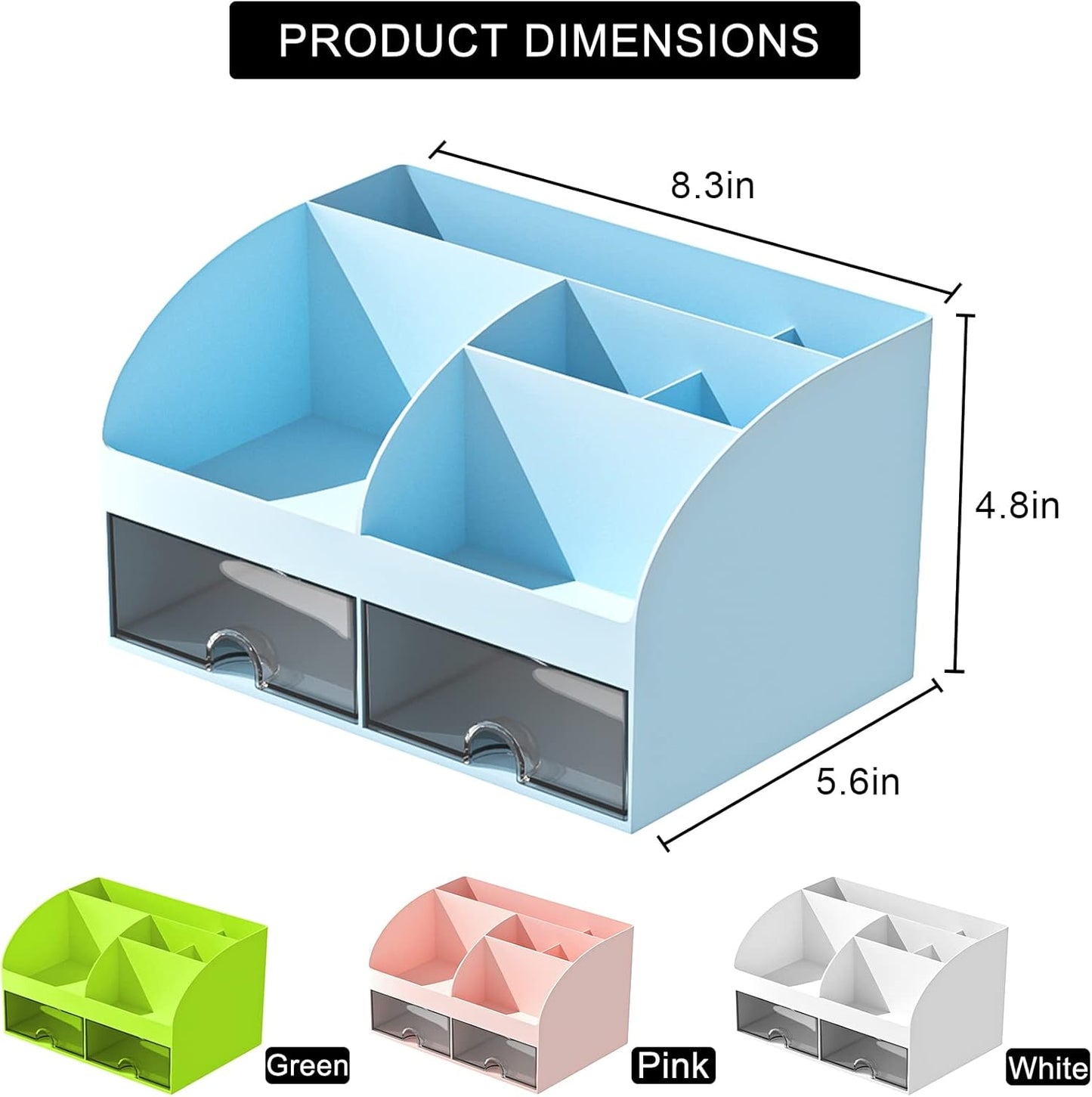COMFYROOM Desk Organizer with 6 Compartments and 2 Drawers, Plastic Makeup Organizer, Pen Holder for Desktop Storage, Desk Organization for School, Home, Office Supplies (White)