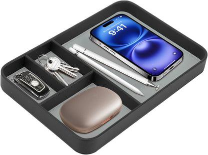 Valet Tray for Men, PU Leather Desk & Nightstand Organizer - Two-Toned Catch All Tray for Keys, Wallet, Watch, Jewelry and EDC Gear (black)