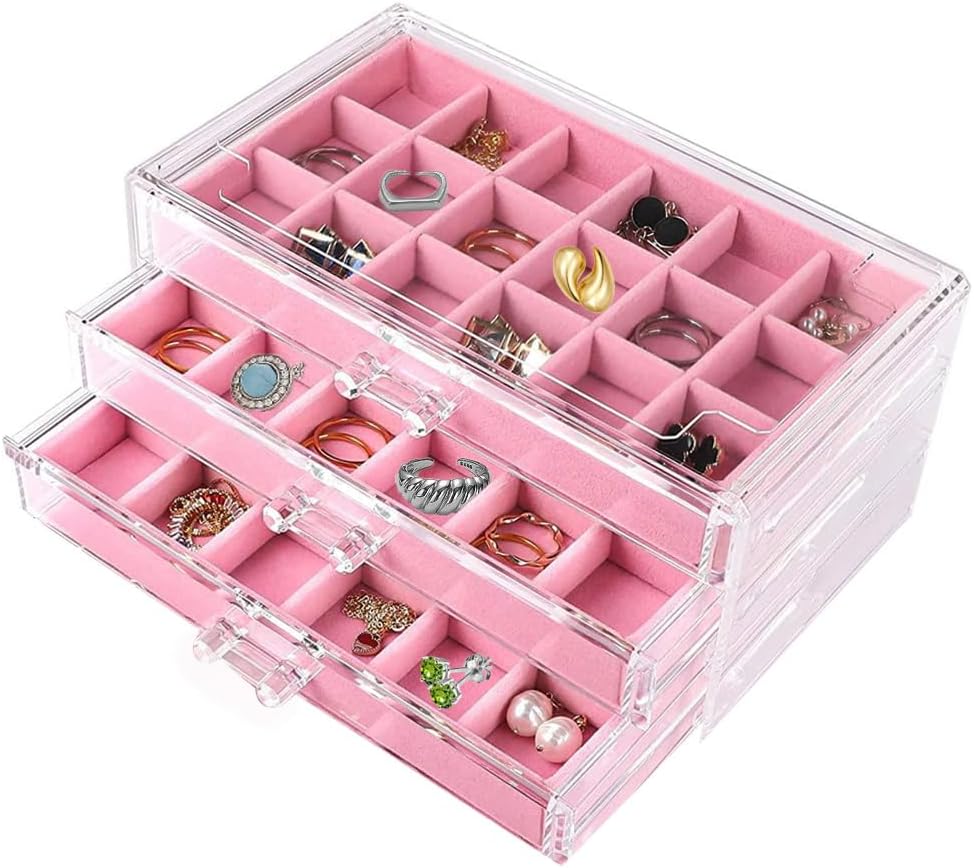YUFONG Earring Organizer Box Acrylic Jewelry Organizer with 3 Drawers 54 Adjustable Grids Clear Stackable Earring Holder Velvet Trays Ring Display Case for Women Girls (Beige)